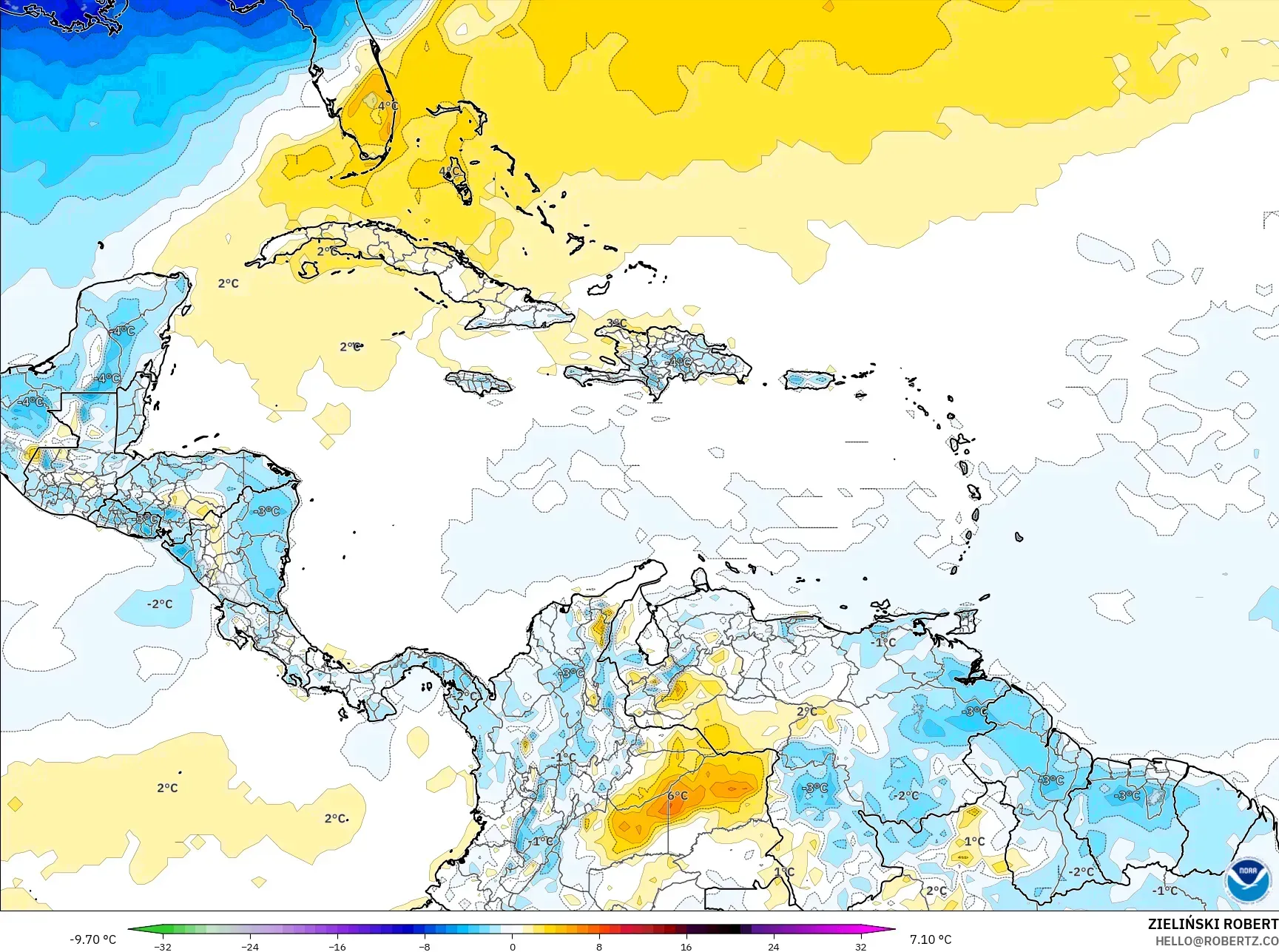GFS model - Caribbean, Temperature at 2m Anomaly