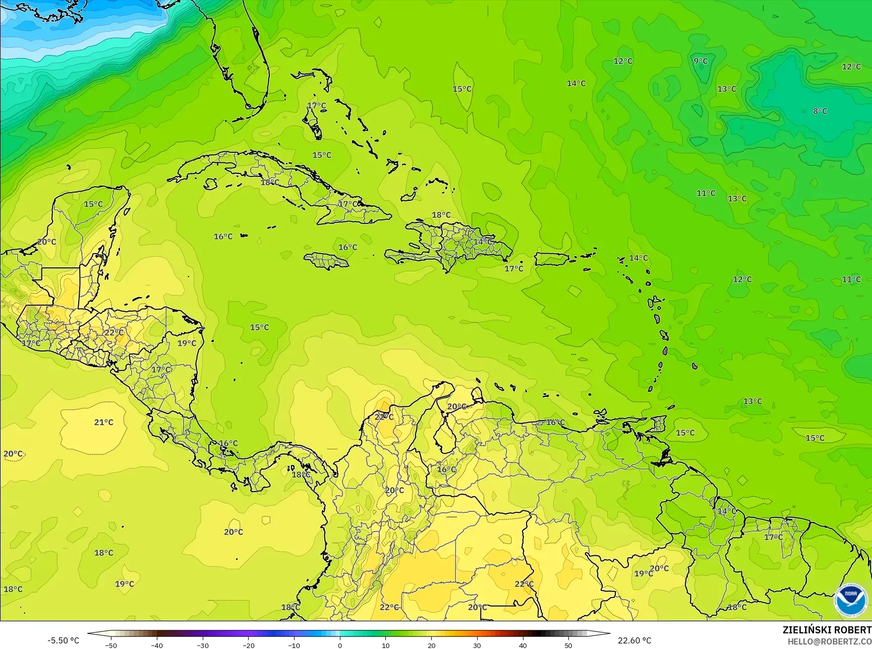 GFS model - Caribbean, Temperature at 850hPa