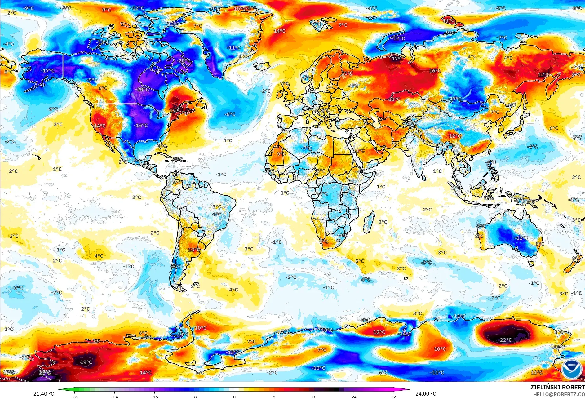 GFS model - World, Temperature at 2m Anomaly