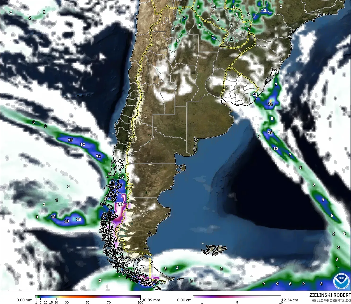 GFS model - Argentina, Precipitation, Clouds, and Pressure