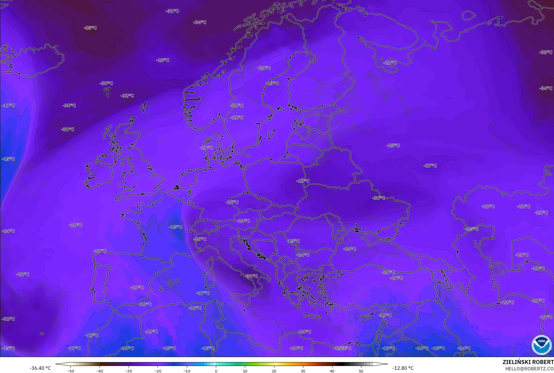 GFS model - Europe, Temperature at 500hPa