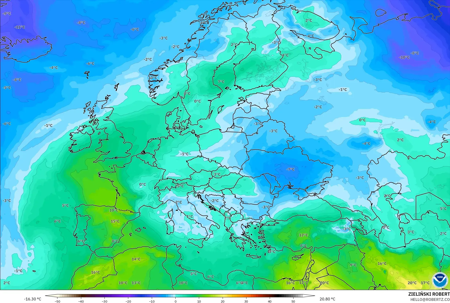 GFS model - Europe, Temperature at 850hPa
