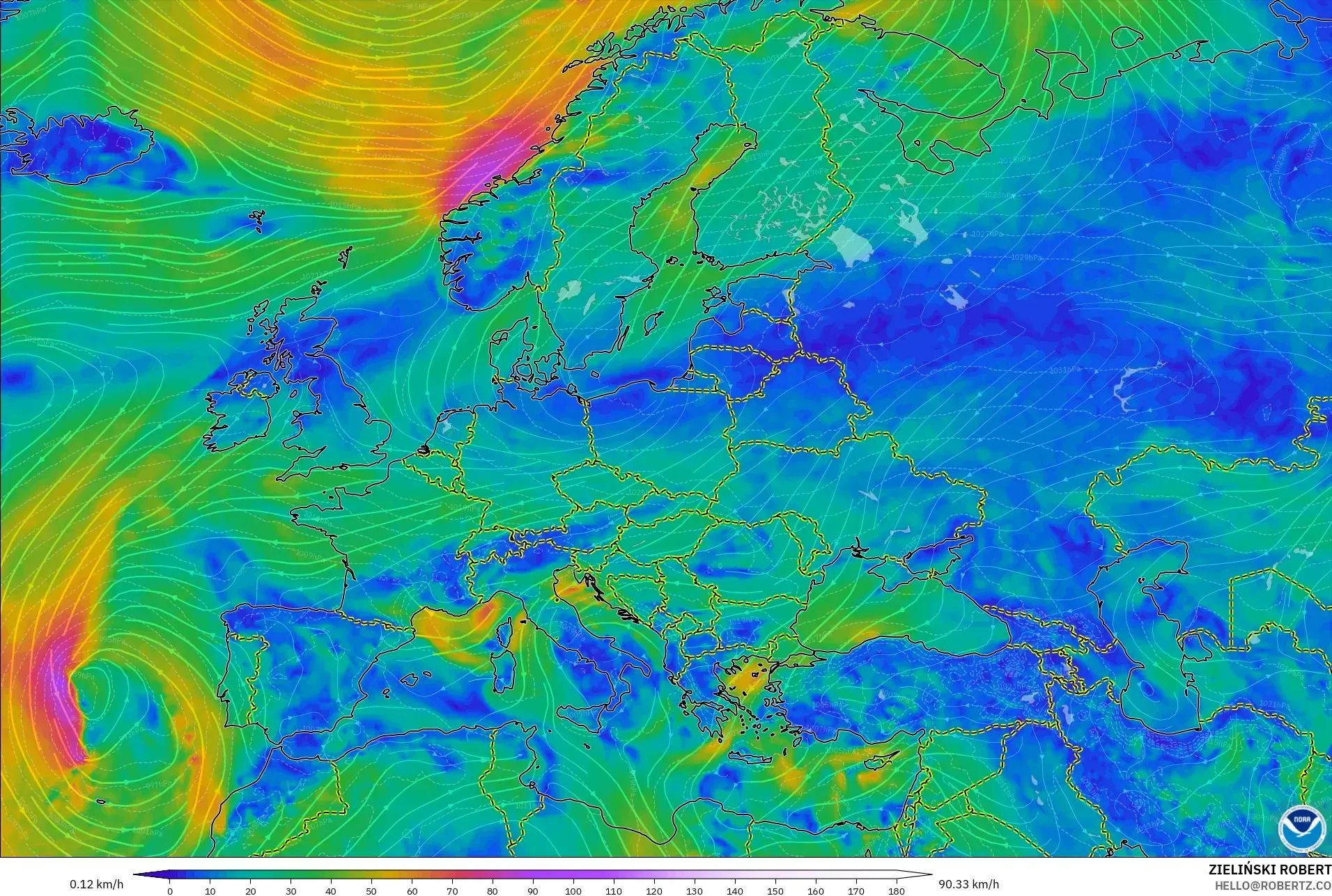 GFS model - Europe, Wind at 10m