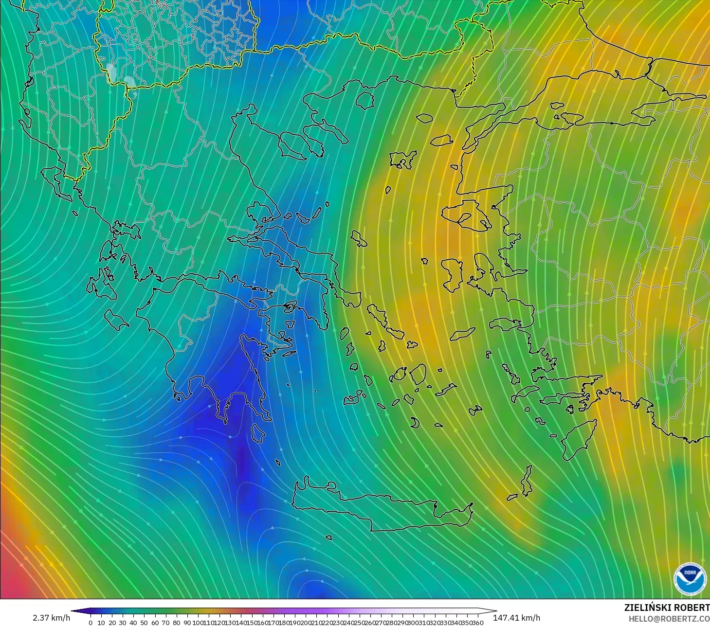 GFS model - Greece, Wind at 300hPa (jet stream)