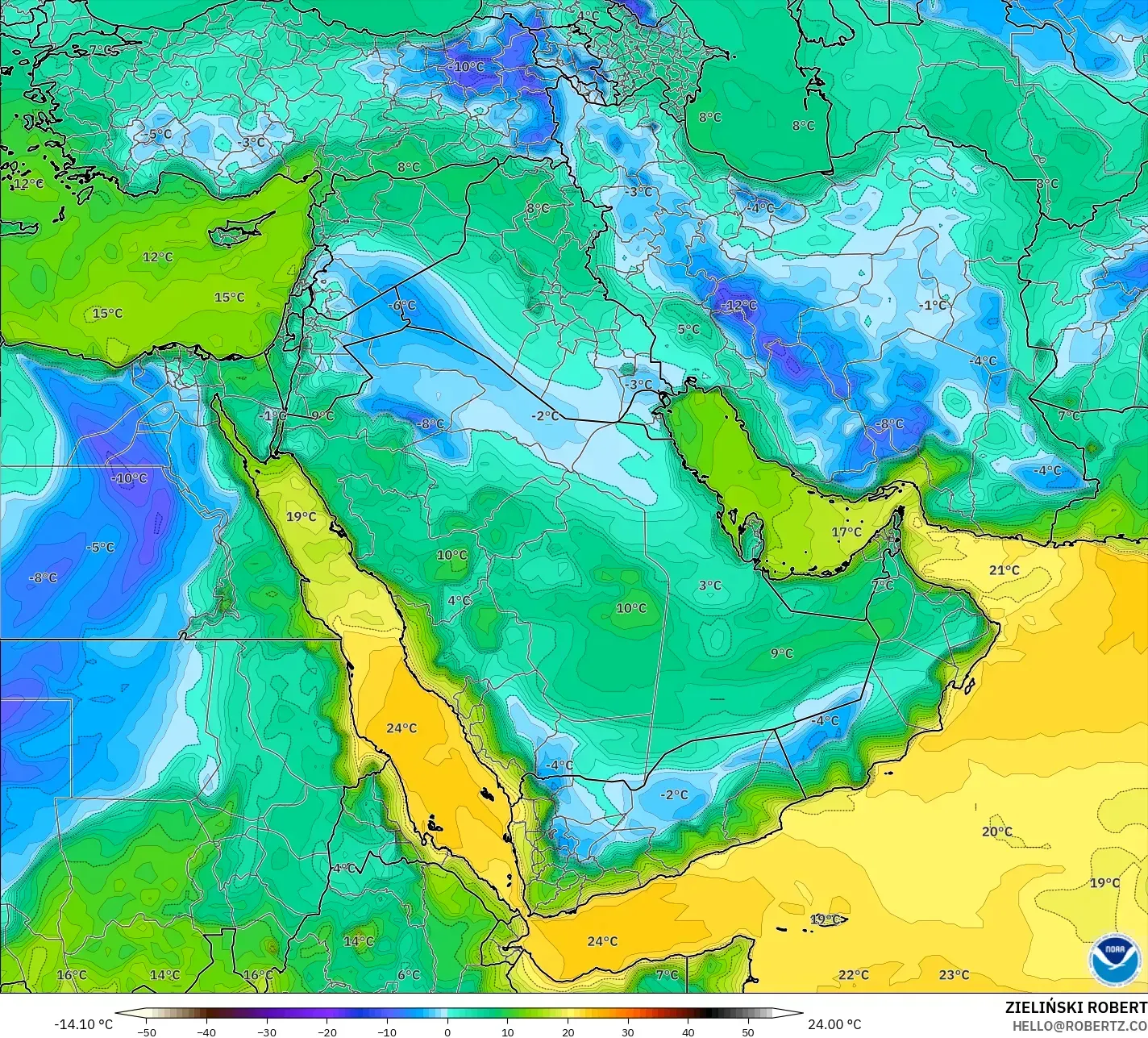 GFS model - Middle East, Dewpoint at 2m