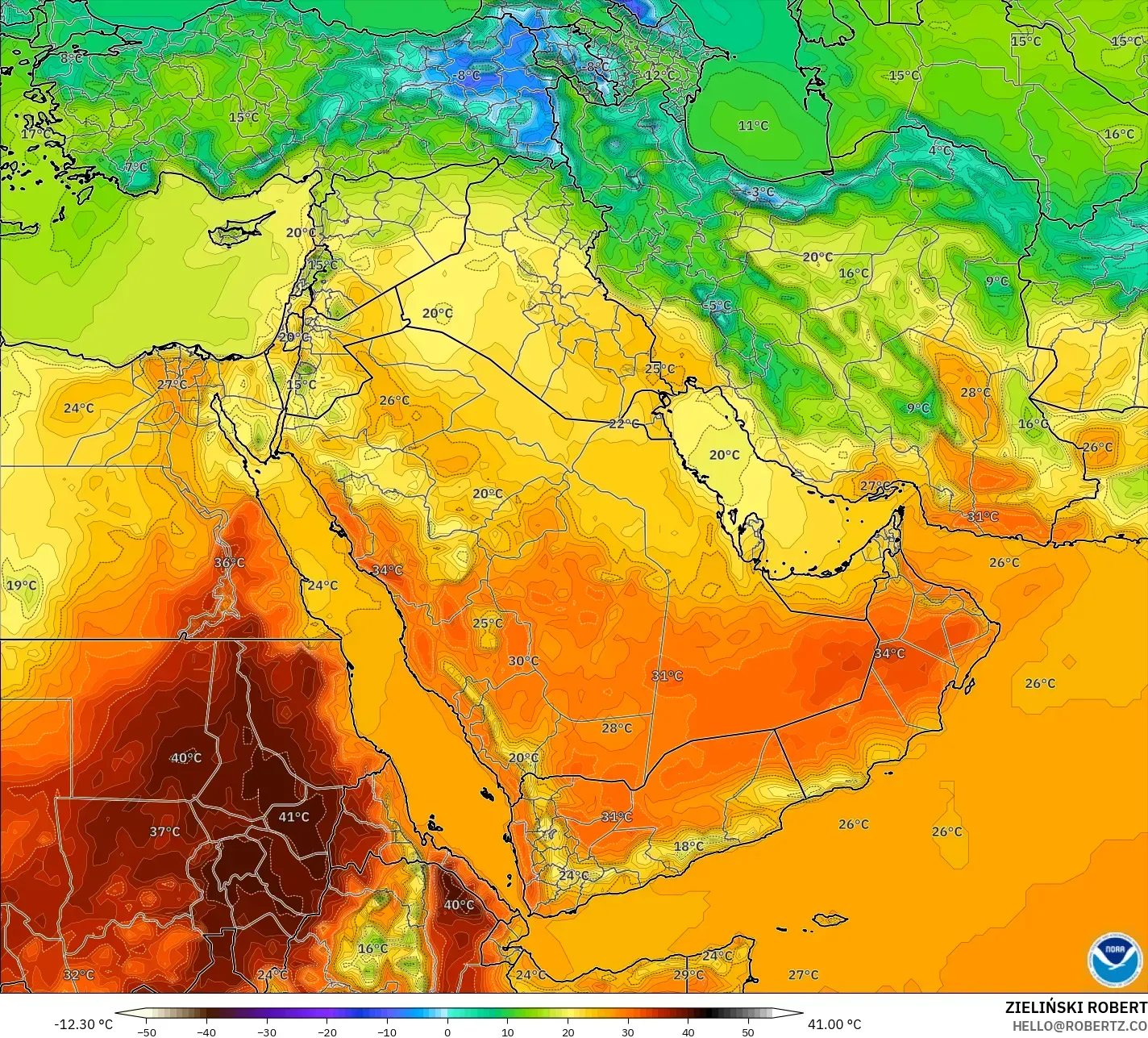 GFS model - Middle East, Temperature at 2m