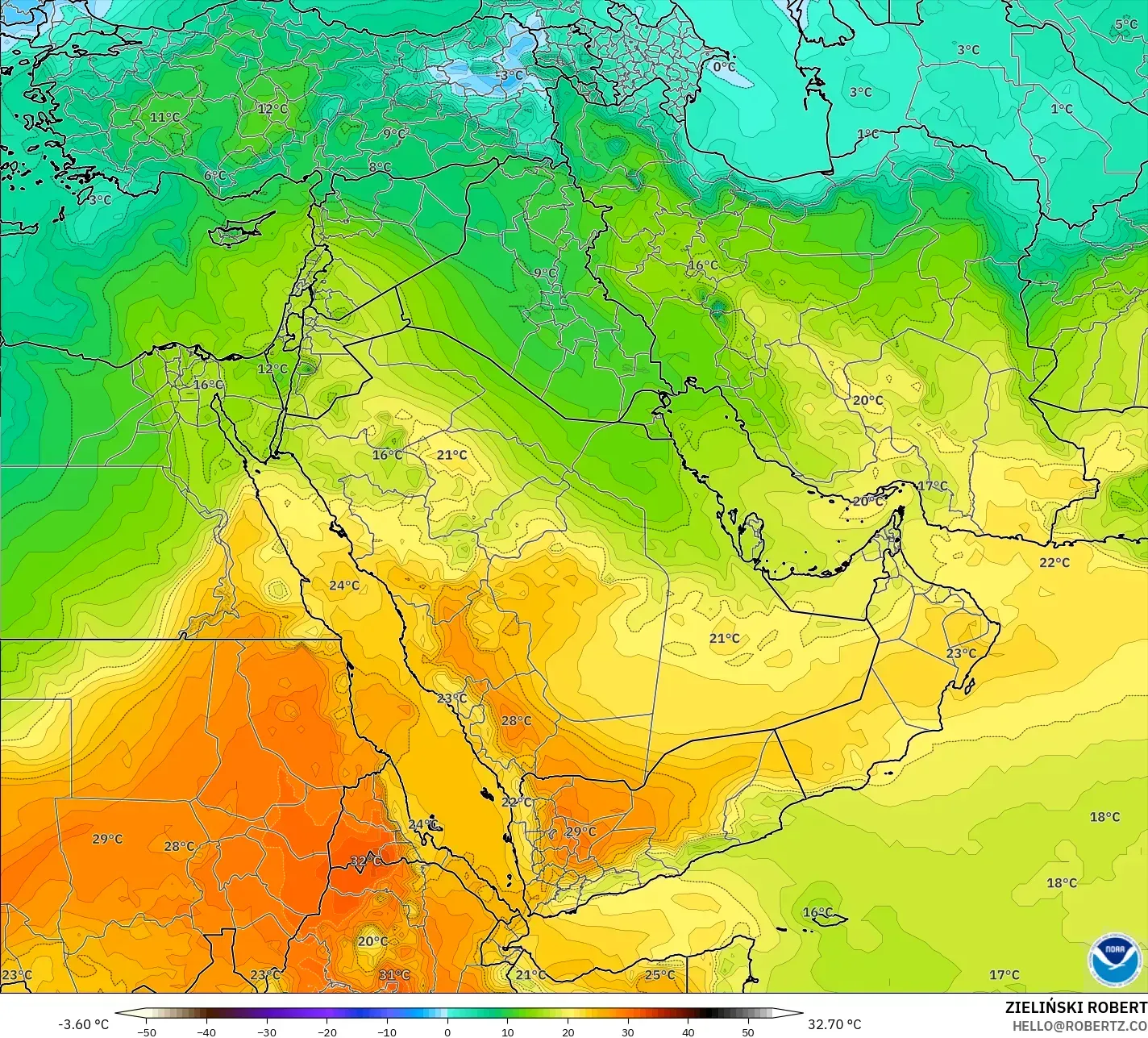 GFS model - Middle East, Temperature at 850hPa