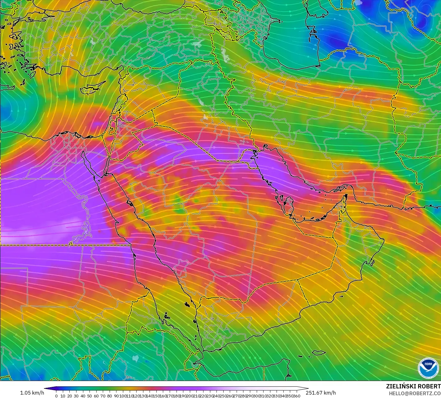 GFS model - Middle East, Wind at 300hPa (jet stream)