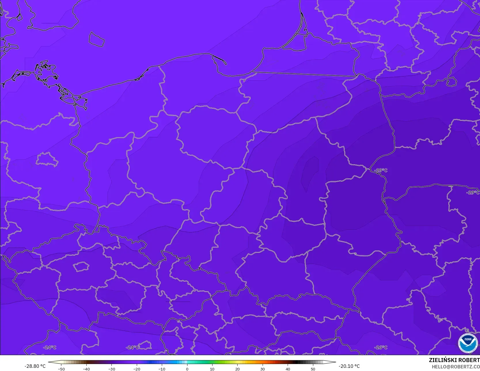 GFS model - Poland, Temperature at 500hPa