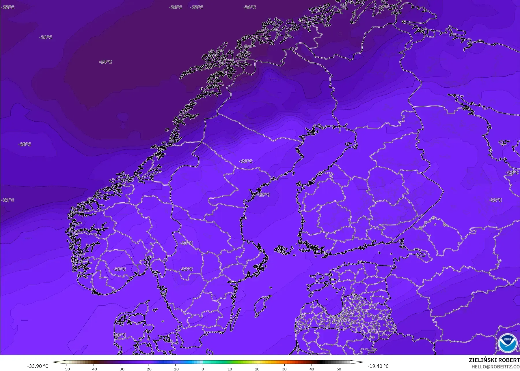 GFS model - Scandinavia, Temperature at 500hPa