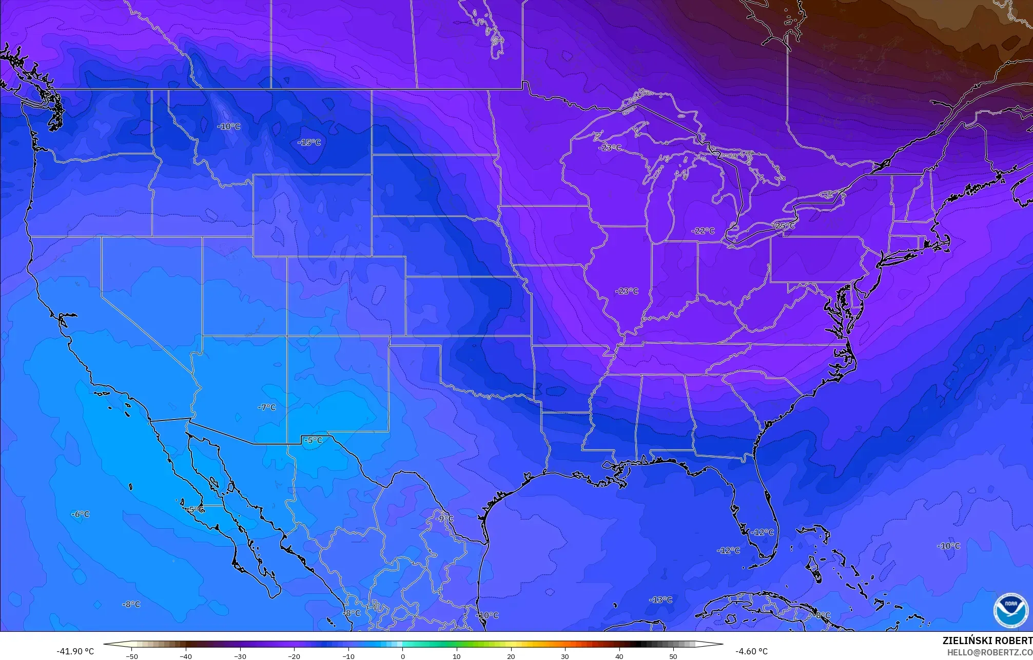GFS model - United States, Temperature at 500hPa