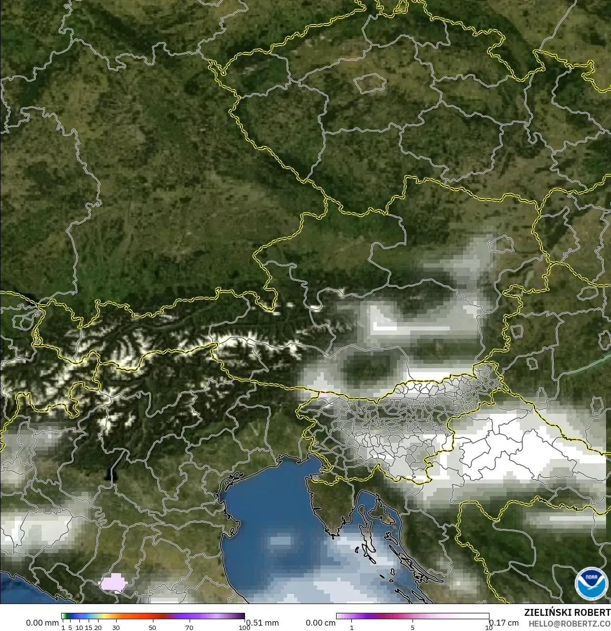 GFS model - Austria, Precipitation, Clouds, and Pressure
