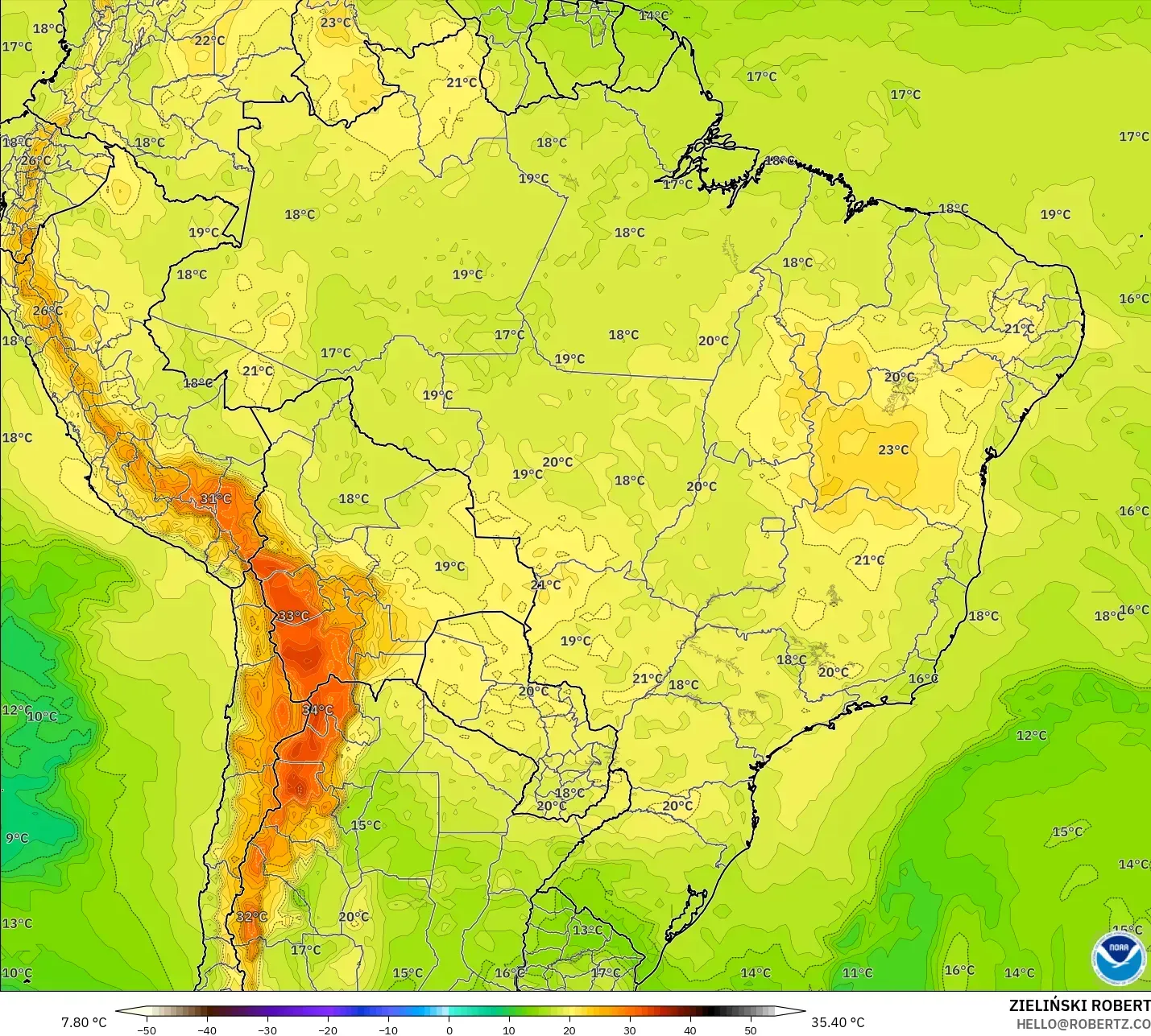 GFS model - Brazil, Temperature at 850hPa