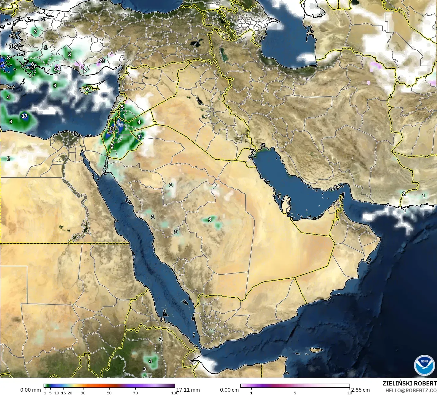 GFS model - Middle East, Precipitation, Clouds, and Pressure
