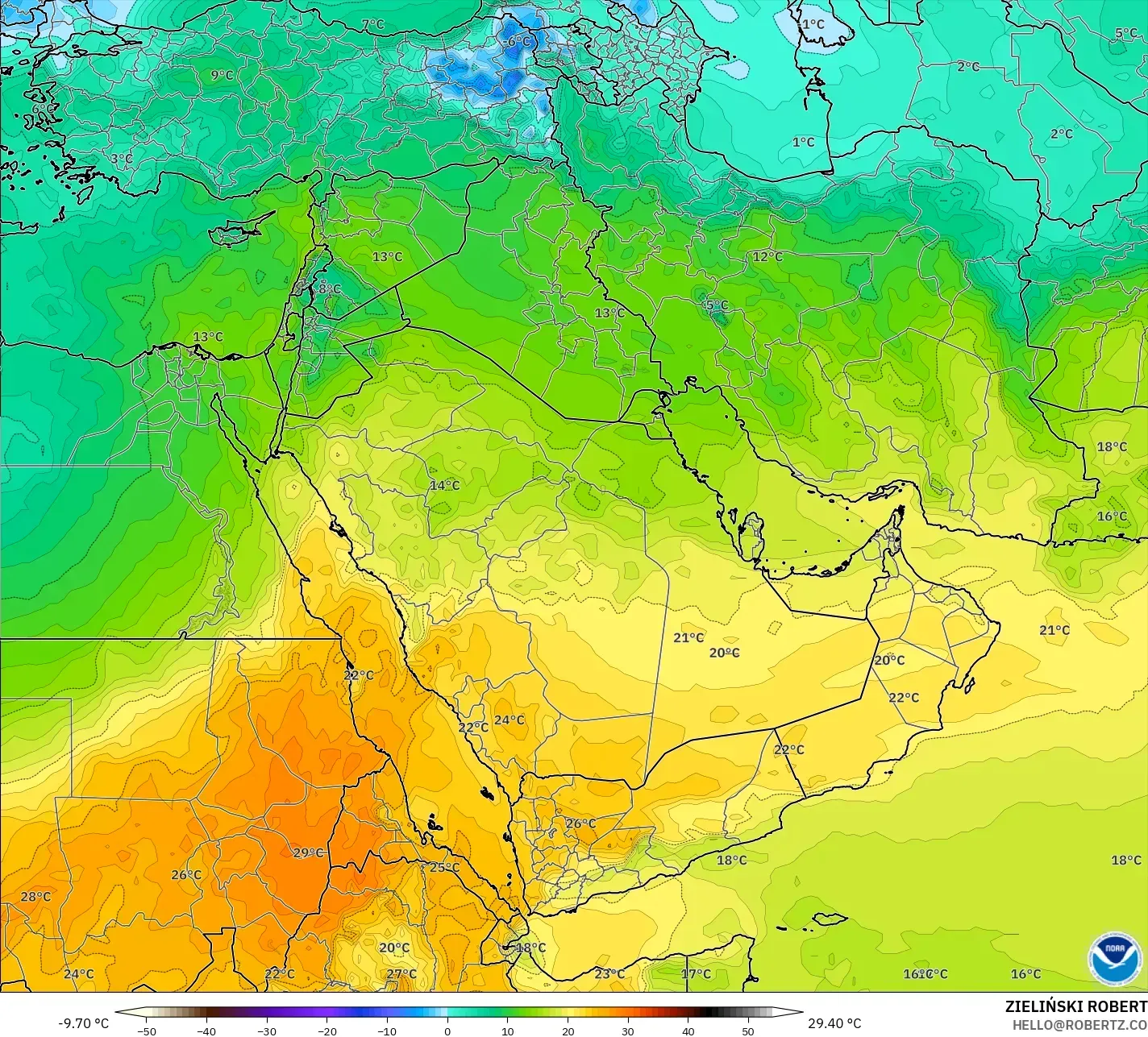 GFS model - Middle East, Temperature at 850hPa