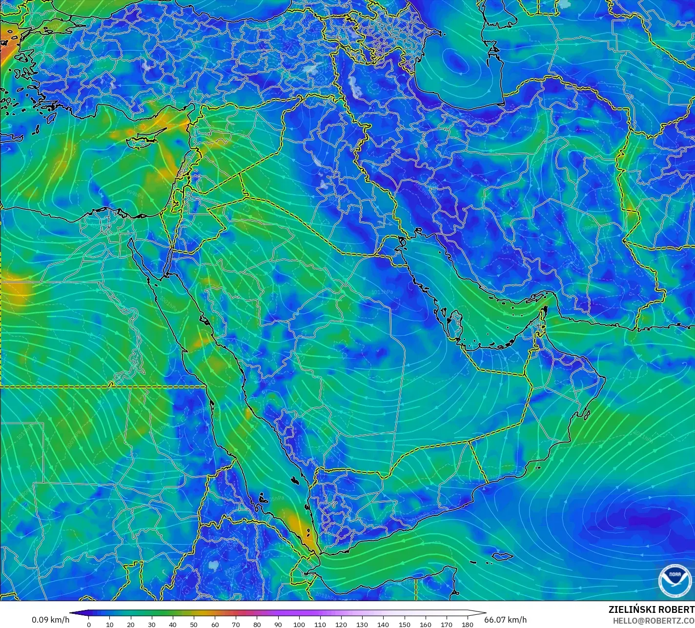 GFS model - Middle East, Wind at 10m