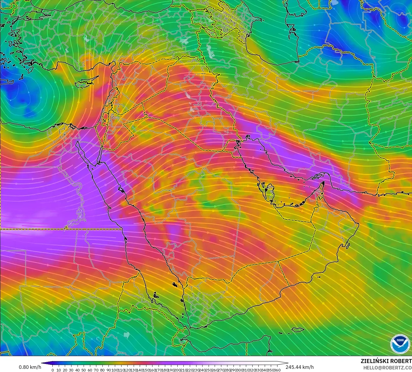GFS model - Middle East, Wind at 300hPa (jet stream)