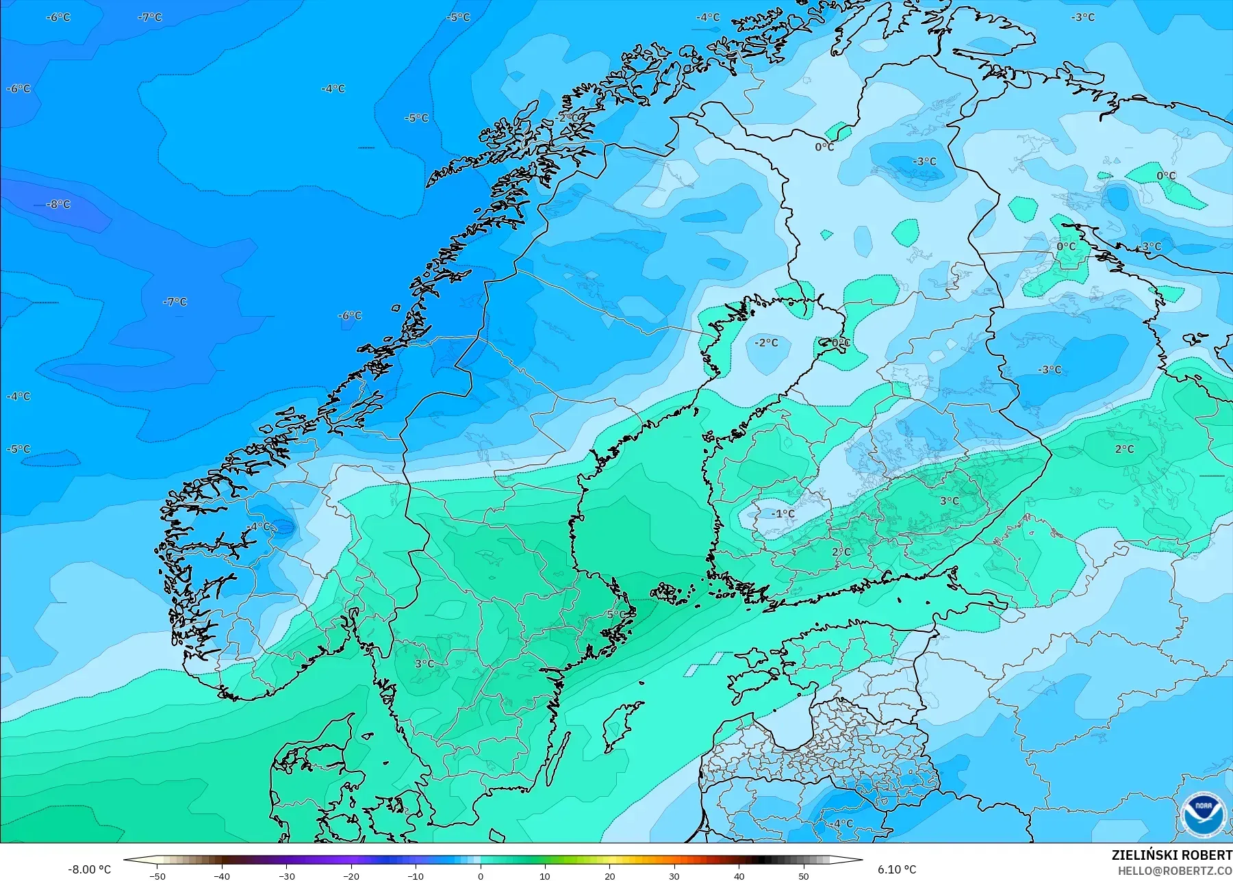 GFS model - Scandinavia, Temperature at 850hPa