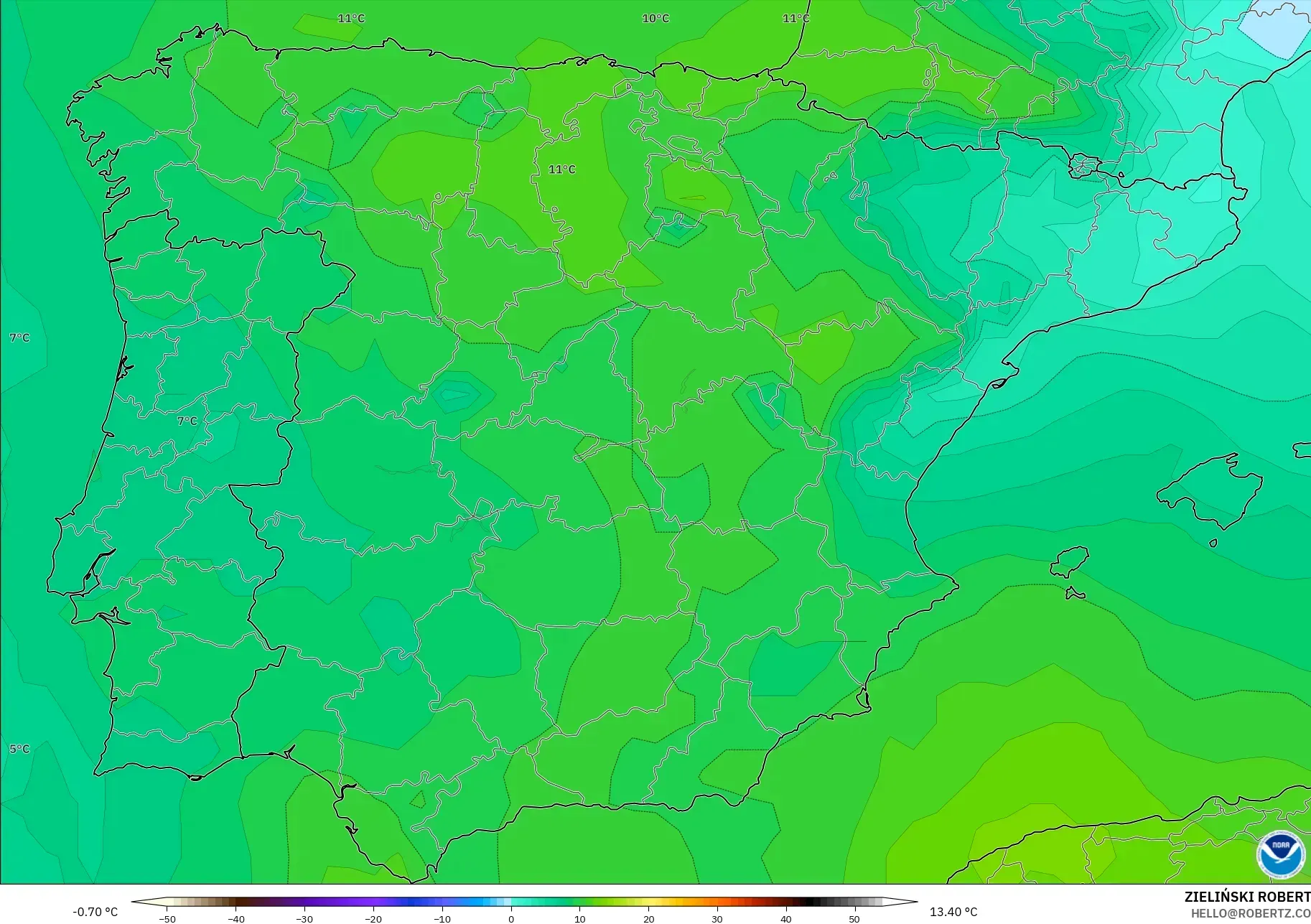 GFS model - Spain, Temperature at 850hPa