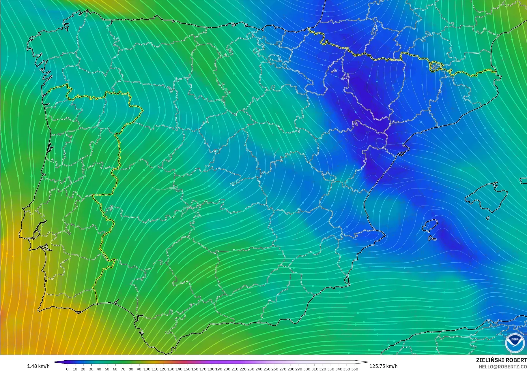 GFS model - Spain, Wind at 300hPa (jet stream)