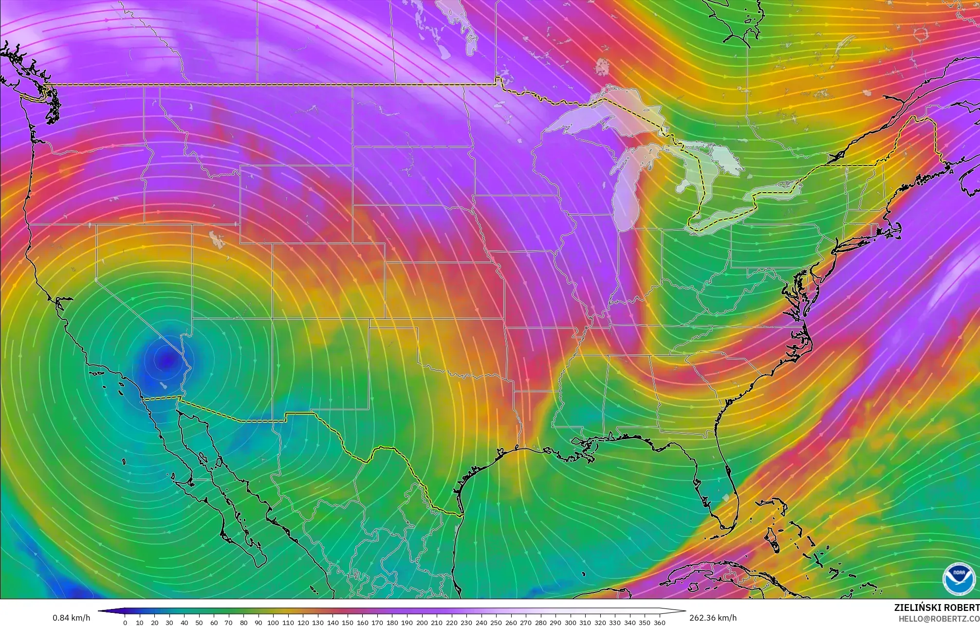 GFS model - United States, Wind at 300hPa (jet stream)