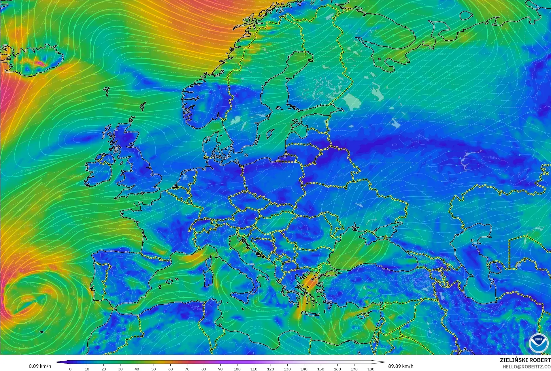 GFS model - Europe, Wind at 10m