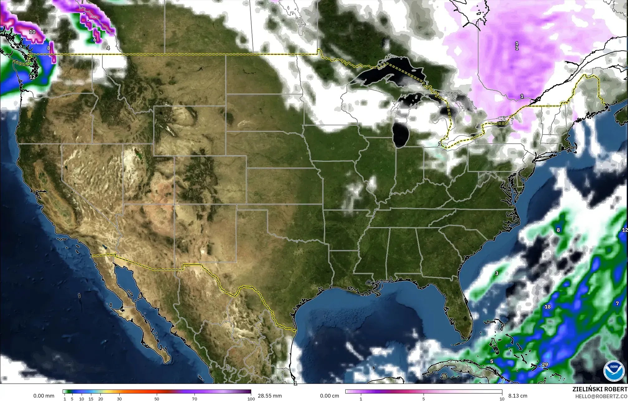 GFS model - United States, Precipitation, Clouds, and Pressure