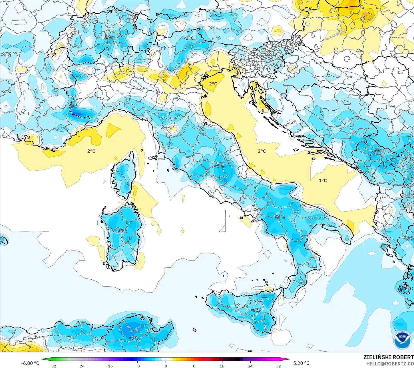 GFS model - Italy, Temperature at 2m Anomaly