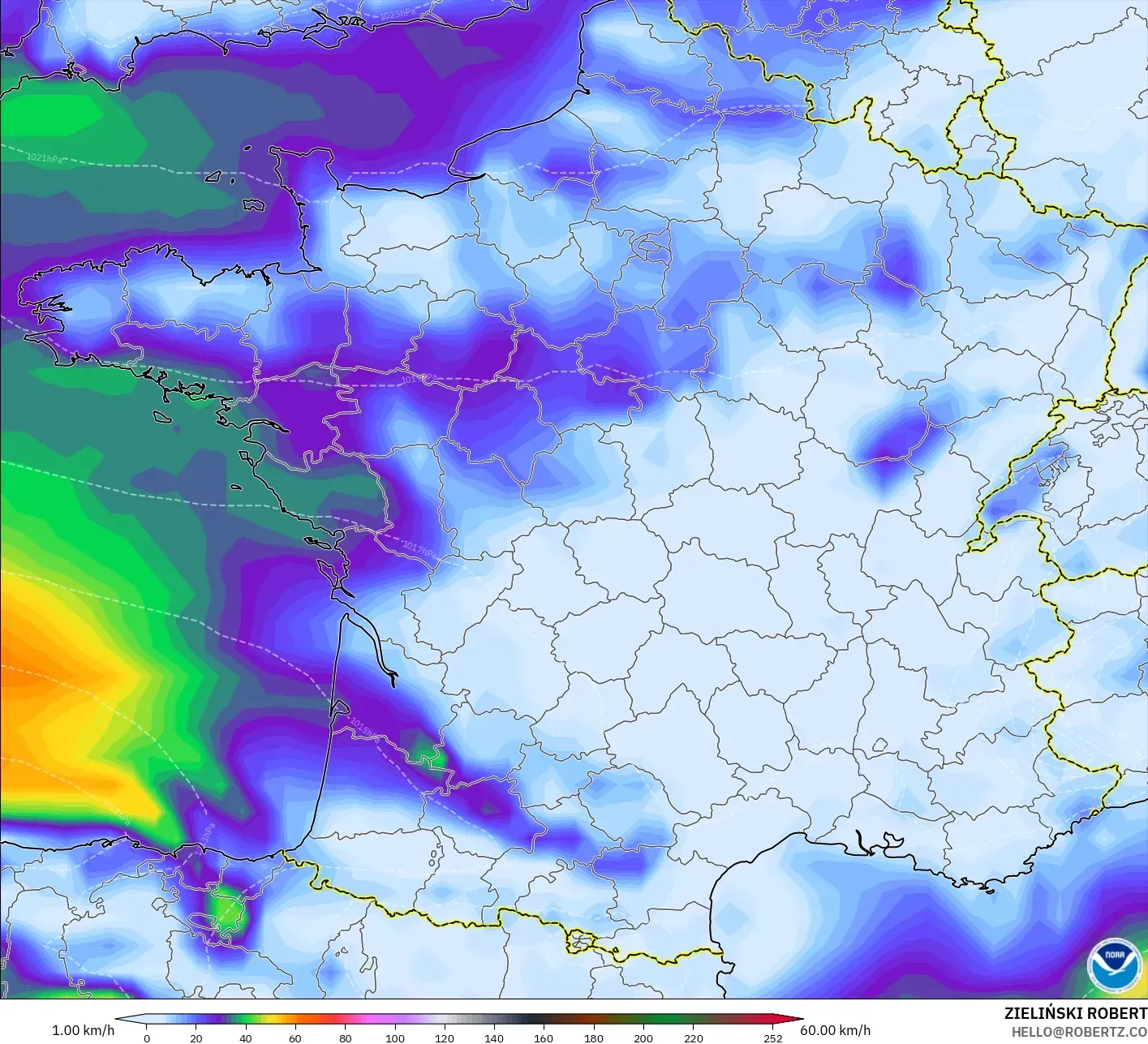 GFS model - France, Wind Gusts