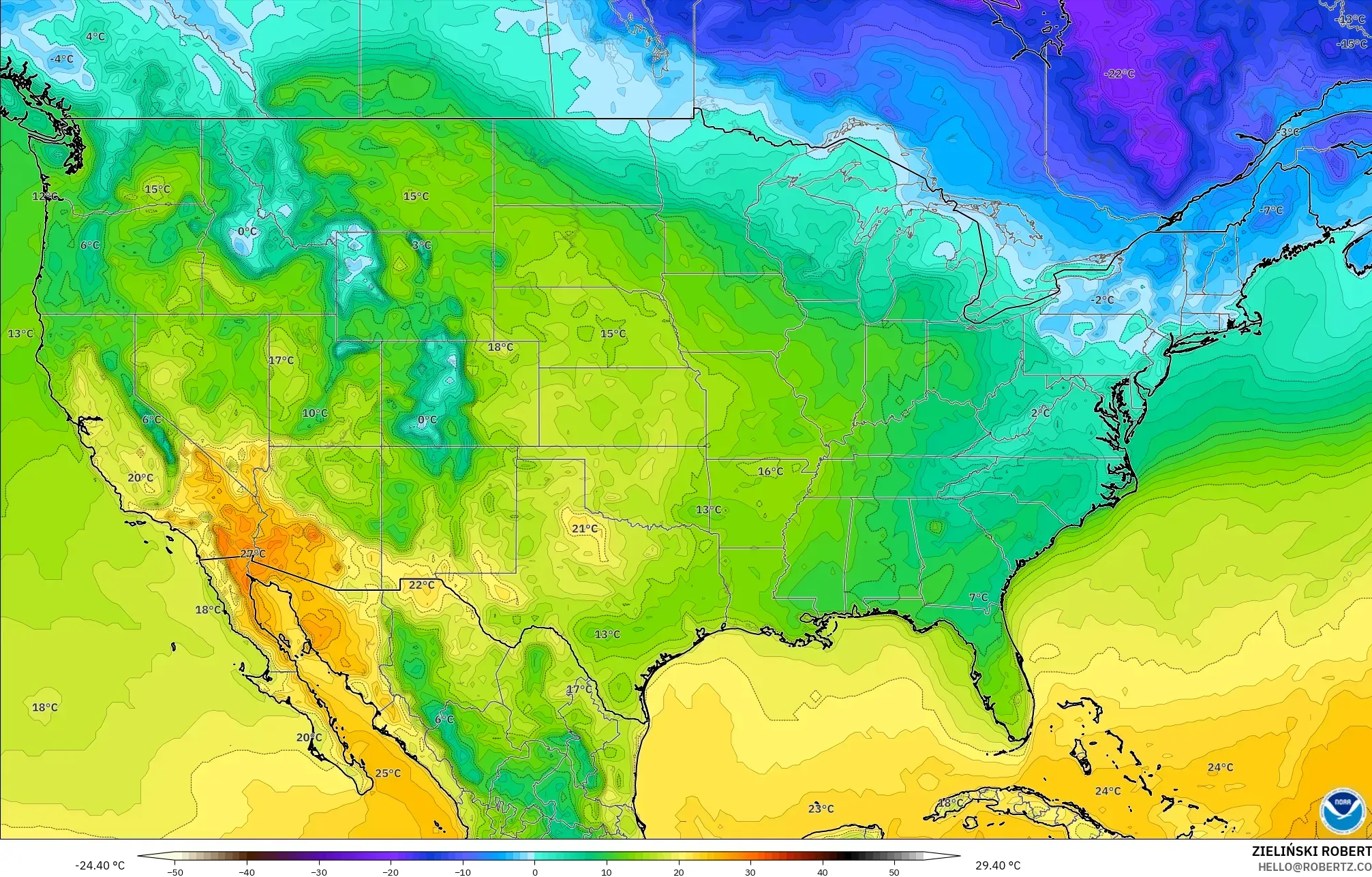 GFS model - United States, Temperature at 2m
