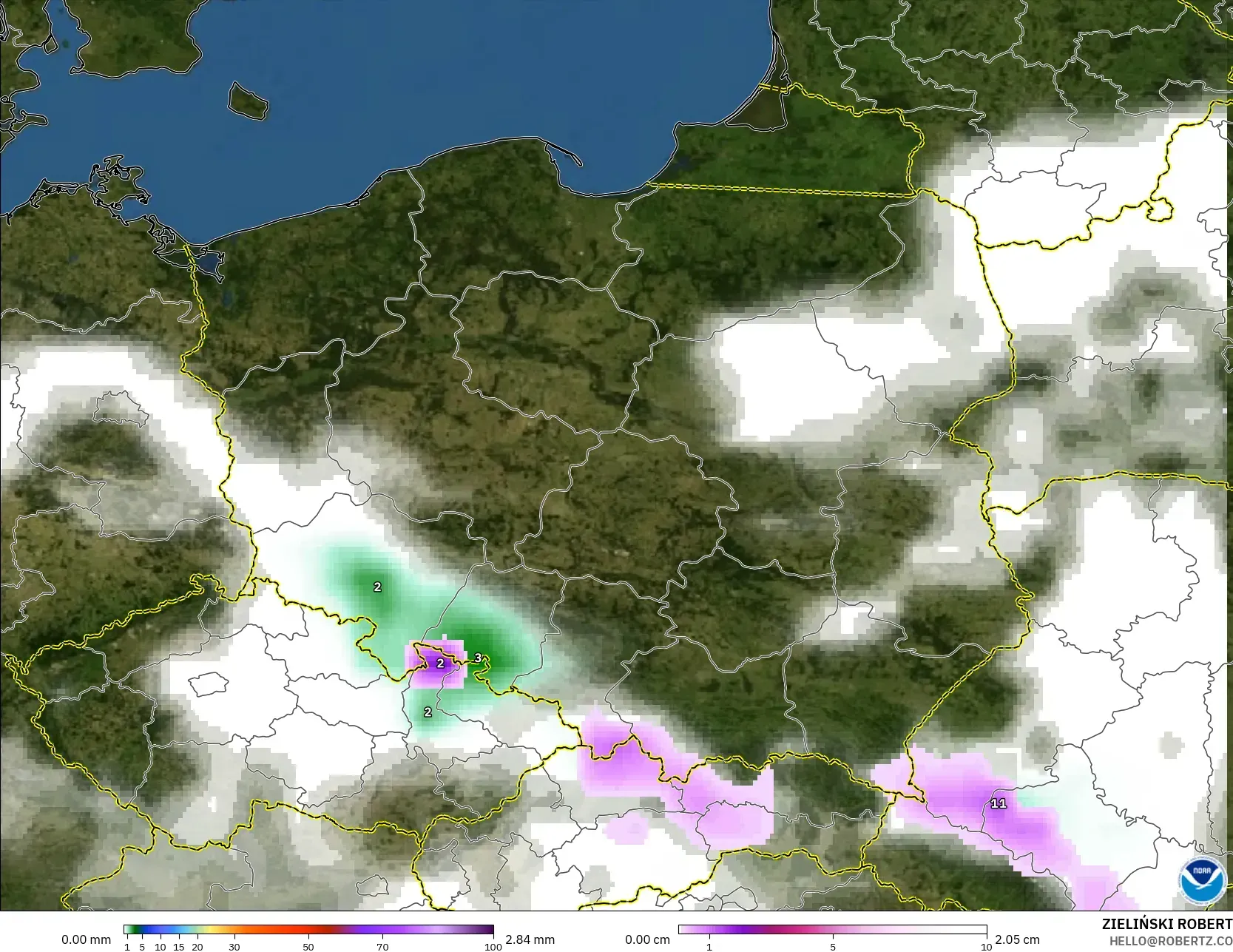 GFS model - Poland, Precipitation, Clouds, and Pressure