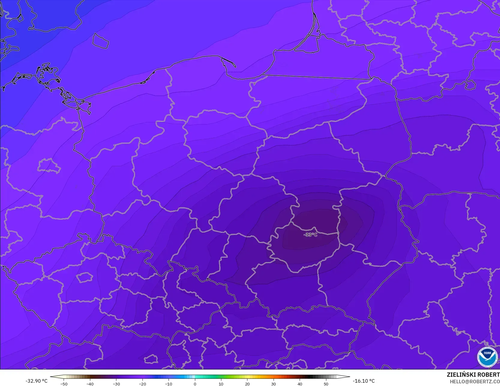 GFS model - Poland, Temperature at 500hPa