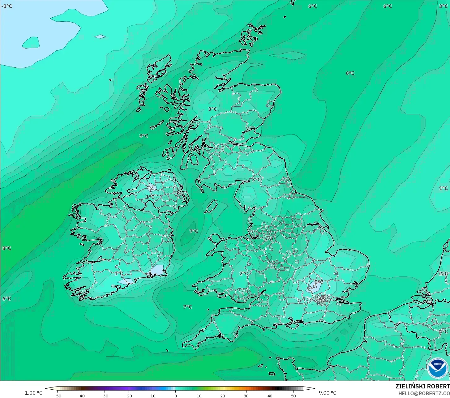 GFS model - United Kingdom, Dewpoint at 2m