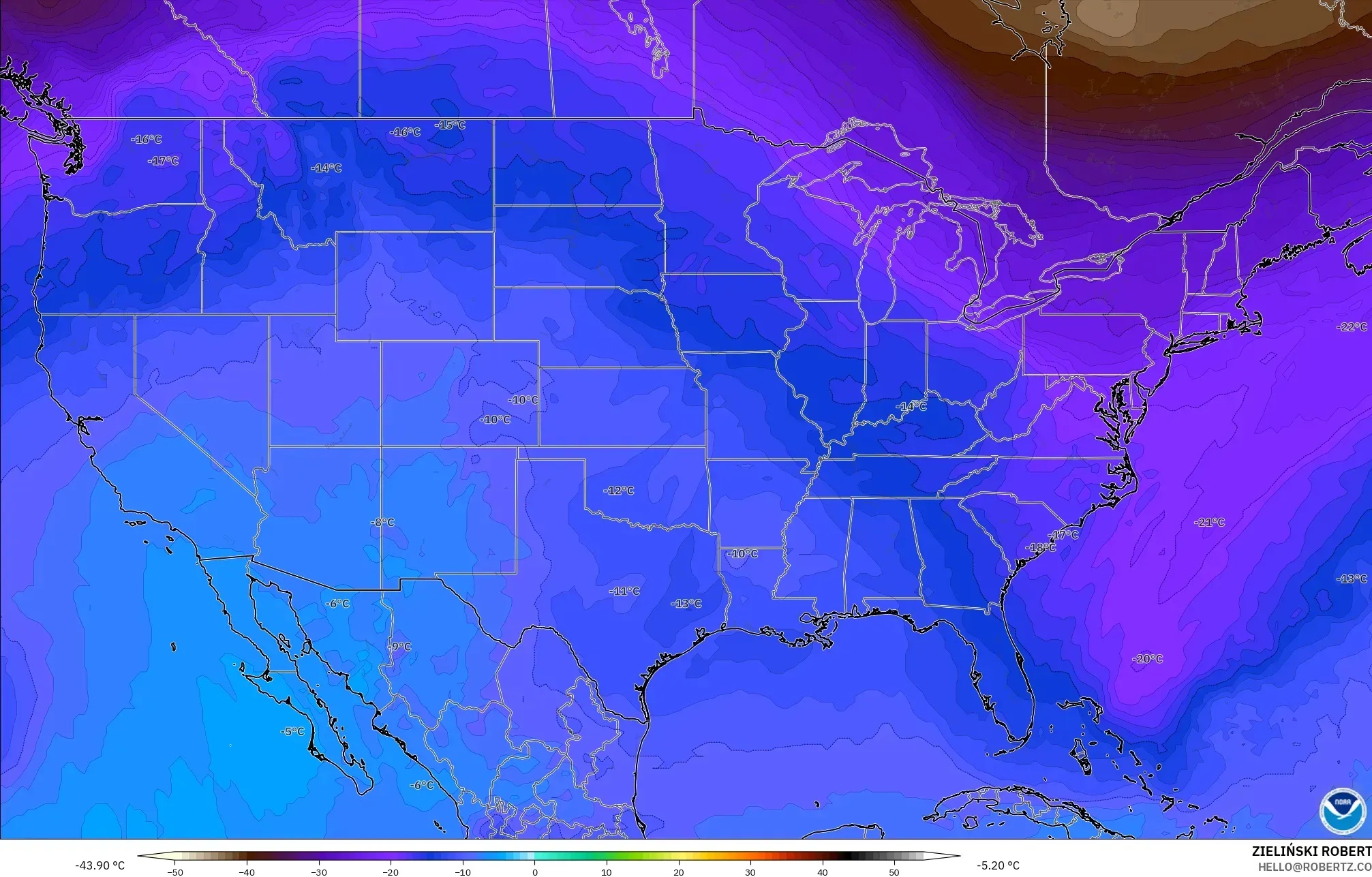 GFS model - United States, Temperature at 500hPa