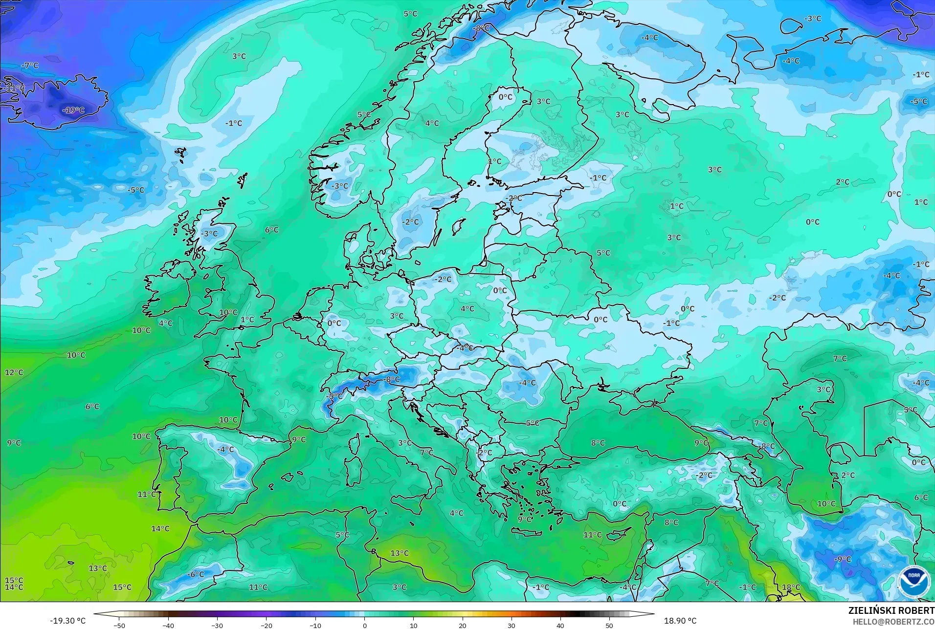 GFS model - Europe, Dewpoint at 2m