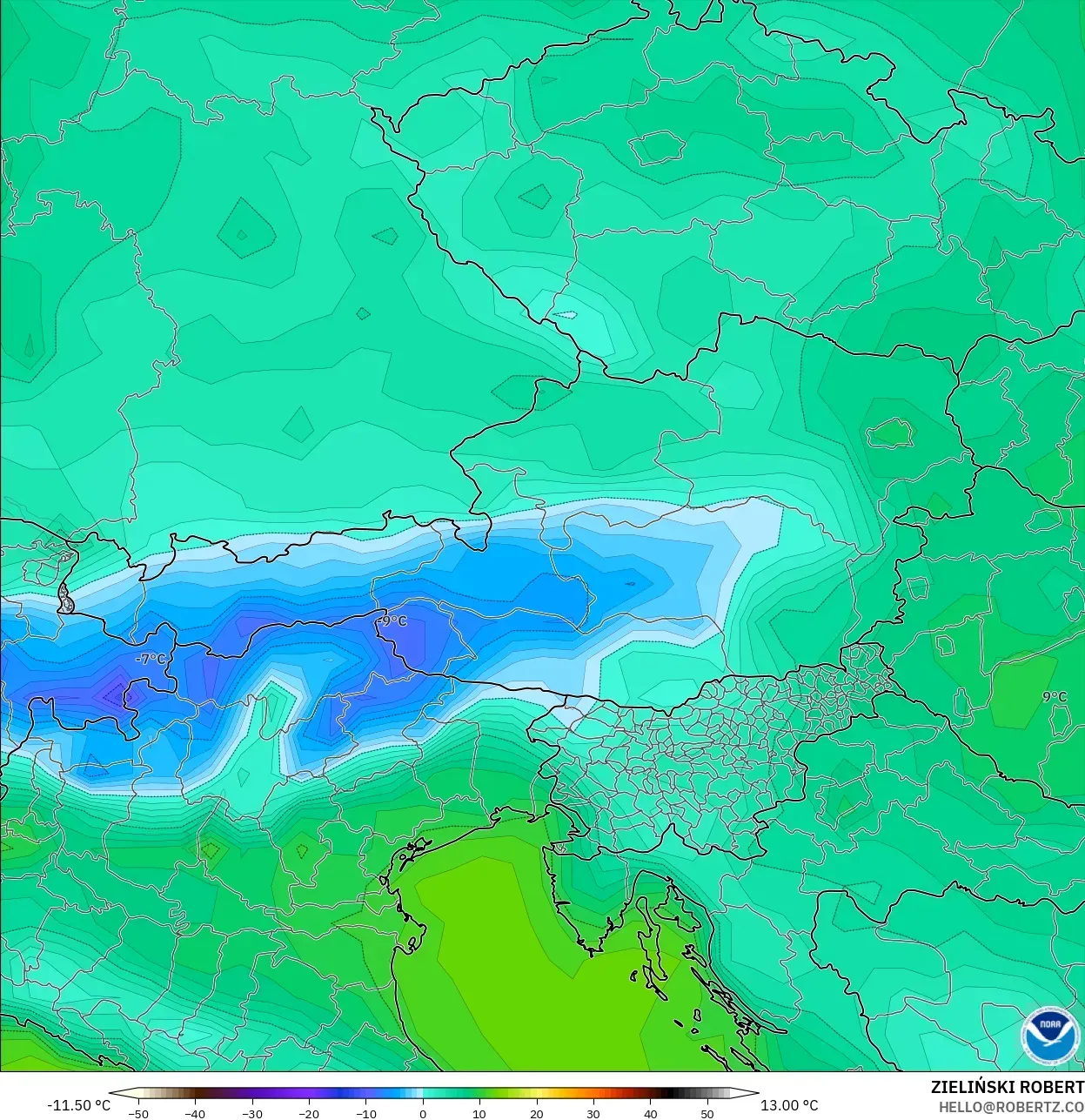 GFS model - Austria, Temperature at 2m