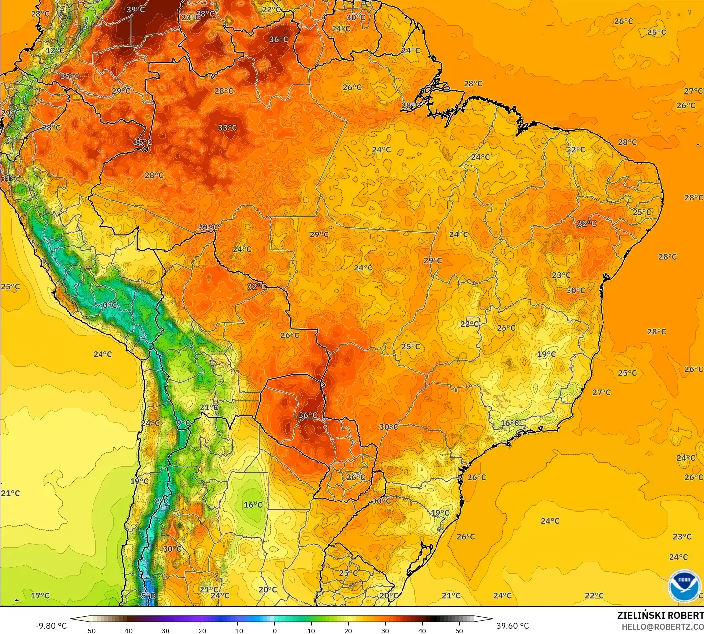 GFS model - Brazil, Temperature at 2m