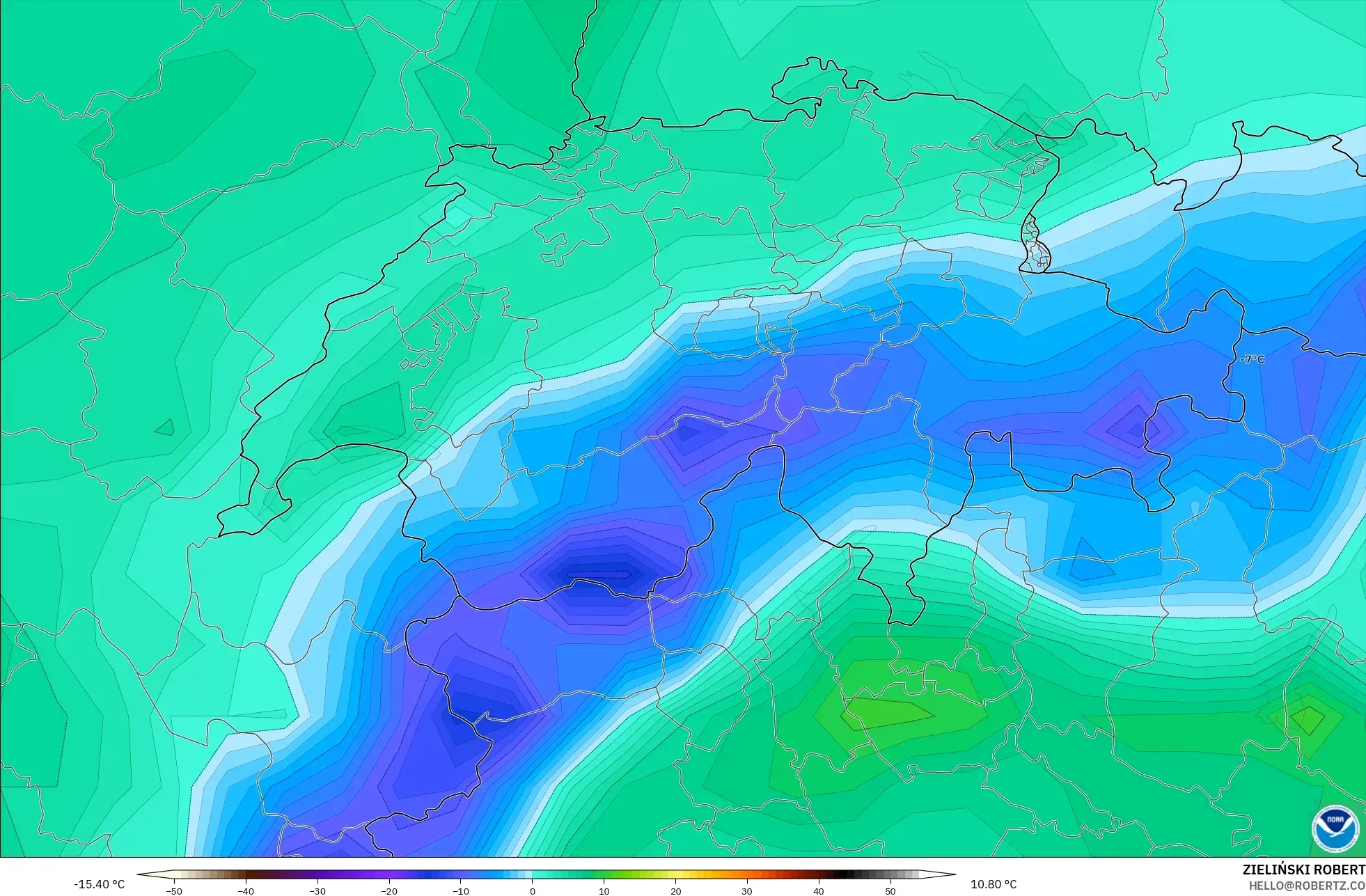 GFS model - Switzerland, Temperature at 2m