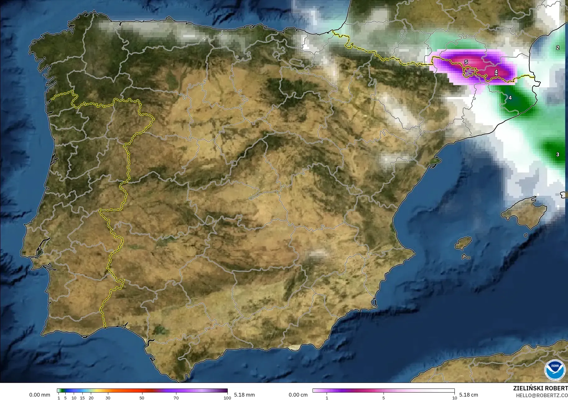GFS model - Spain, Precipitation, Clouds, and Pressure