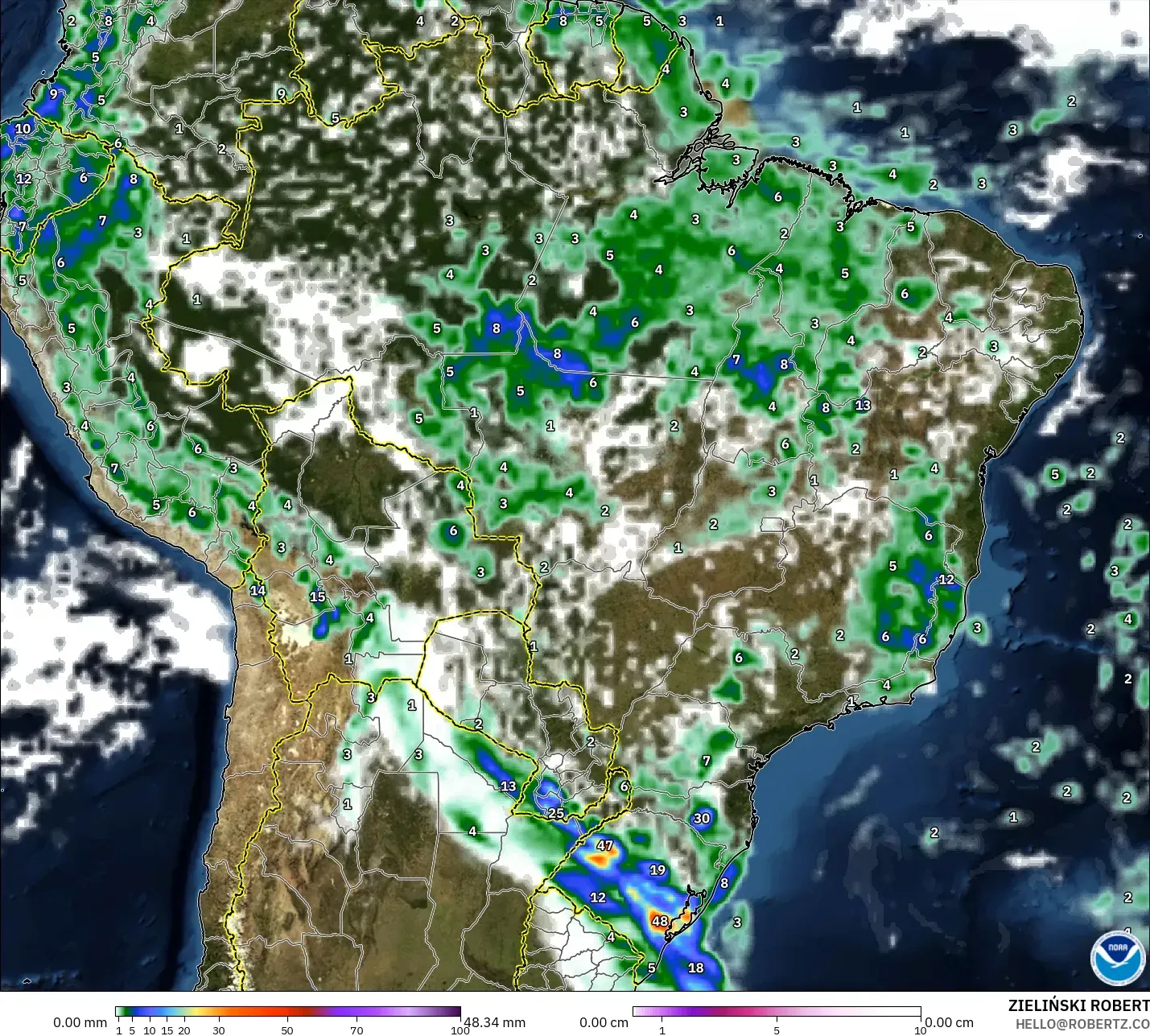 GFS model - Brazil, Precipitation, Clouds, and Pressure
