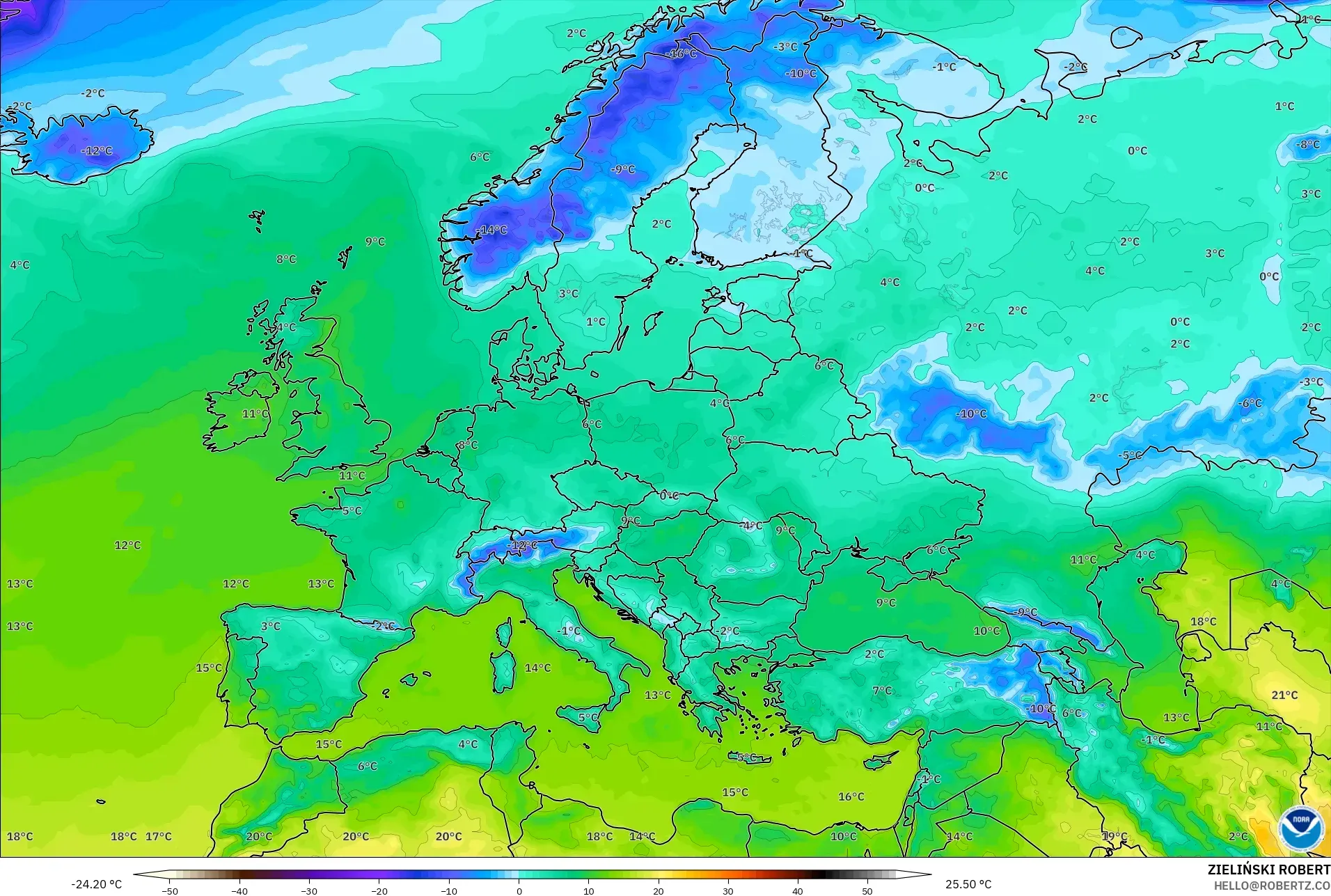 GFS model - Europe, Temperature at 2m