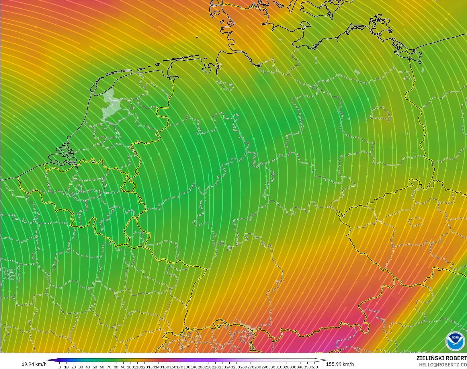 GFS model - Germany, Wind at 300hPa (jet stream)