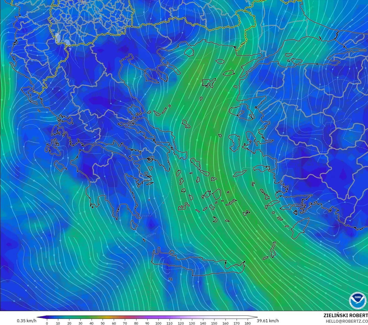 GFS model - Greece, Wind at 10m
