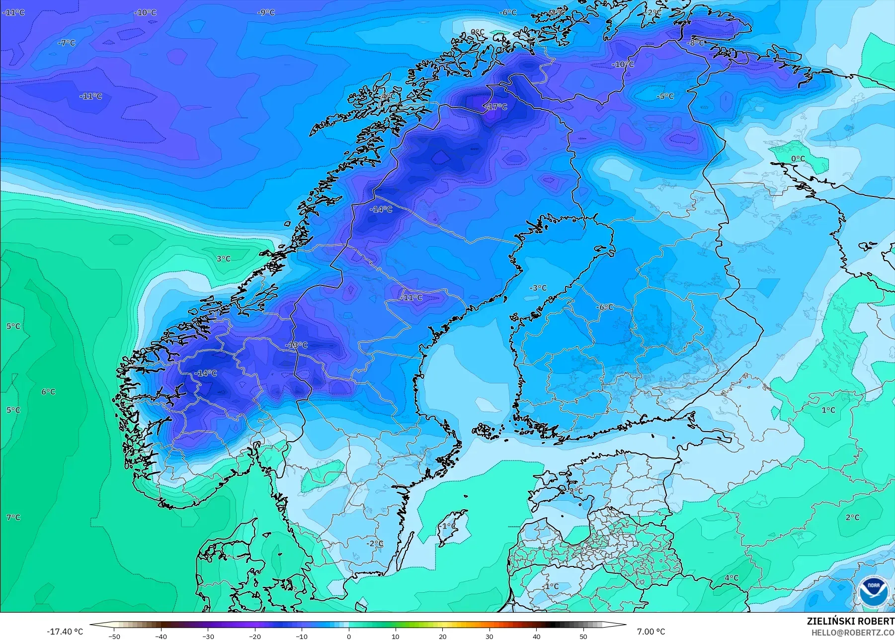 GFS model - Scandinavia, Dewpoint at 2m