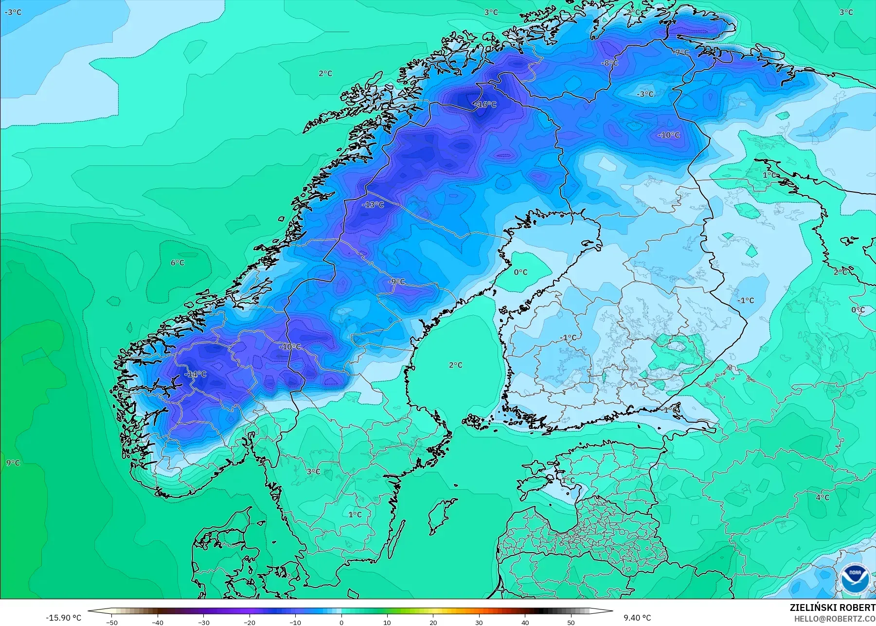 GFS model - Scandinavia, Temperature at 2m