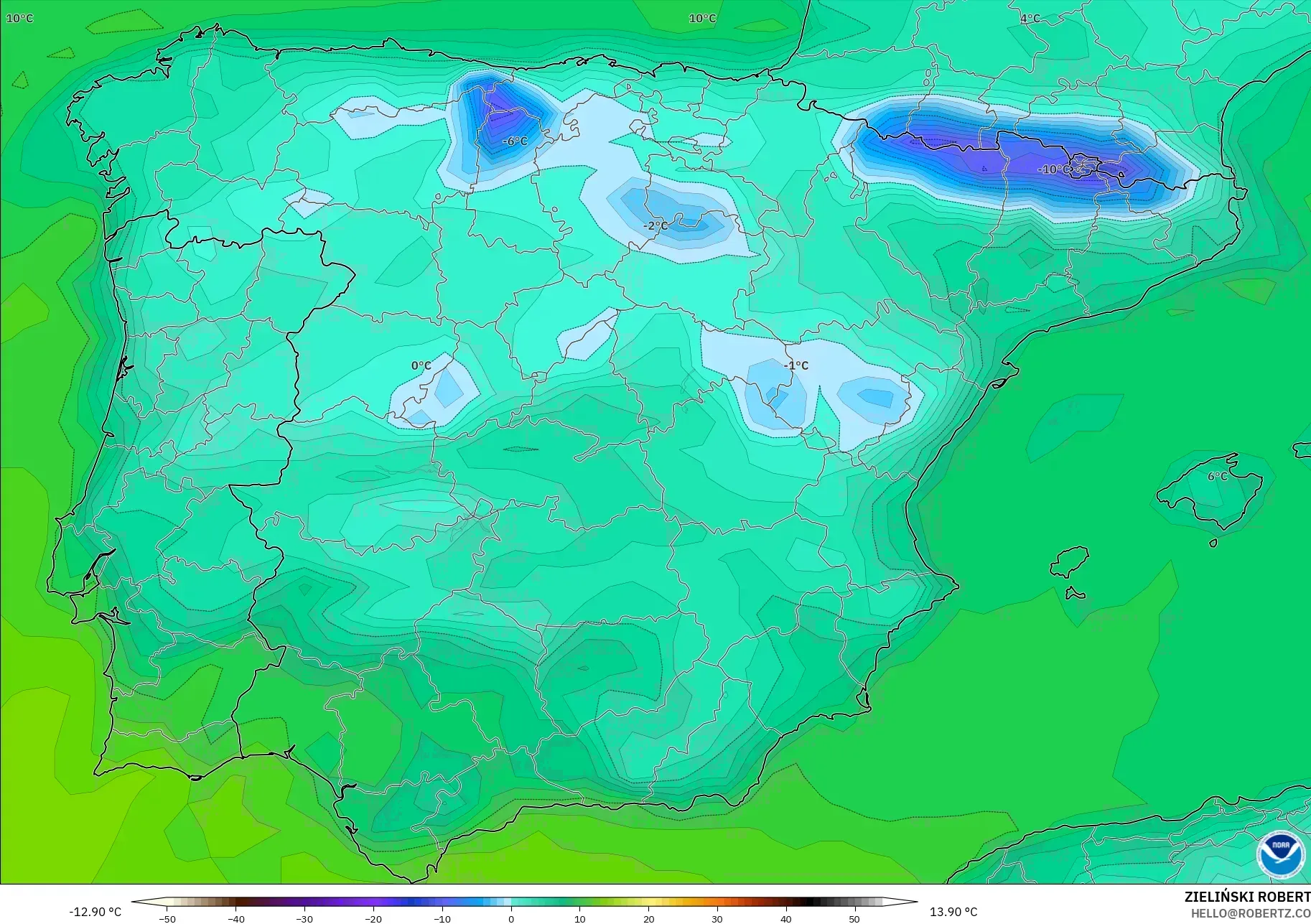 GFS model - Spain, Dewpoint at 2m