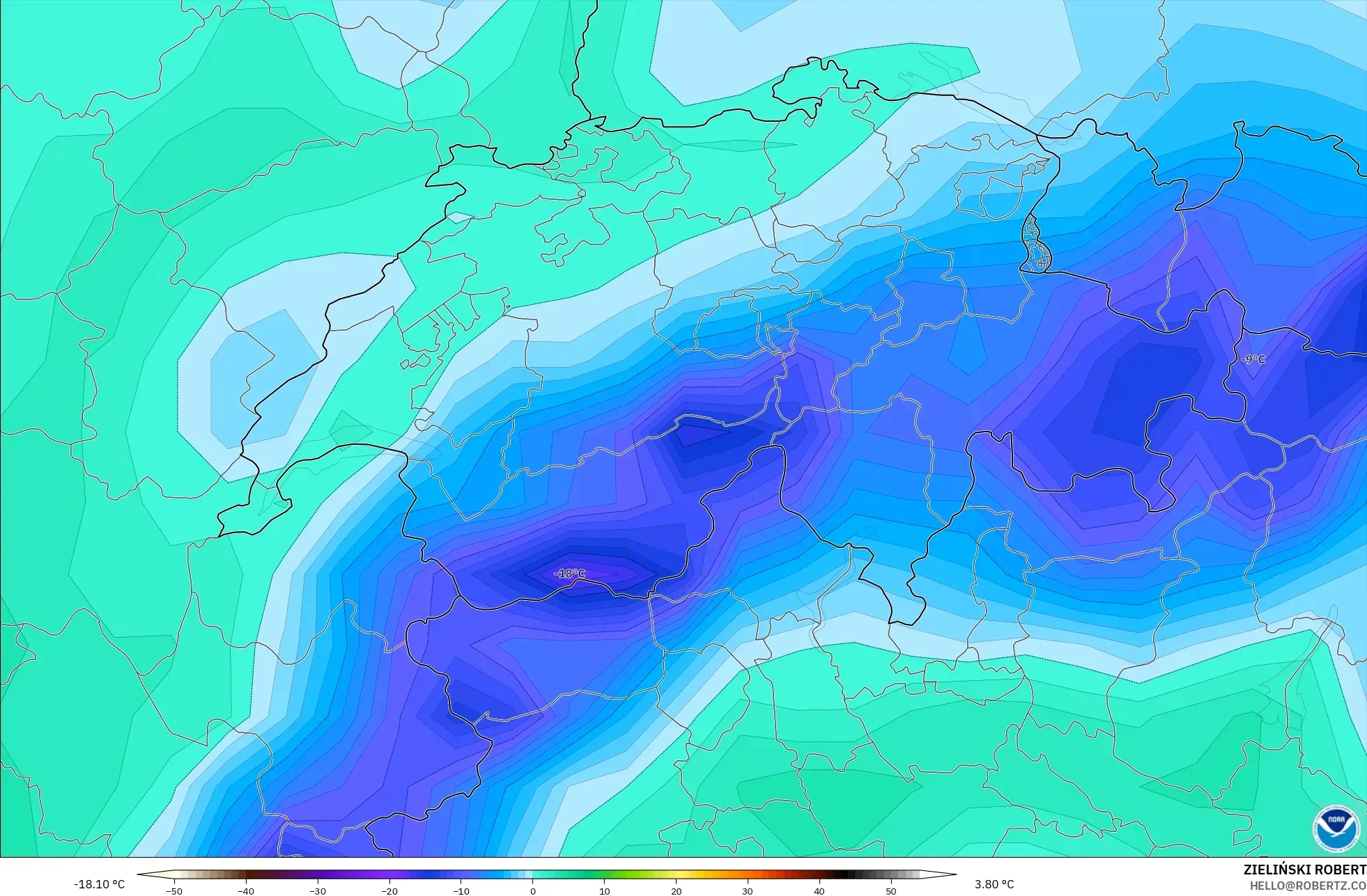 GFS model - Switzerland, Dewpoint at 2m