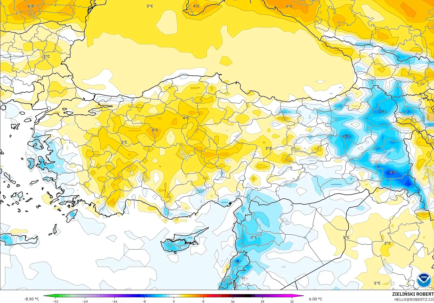 GFS model - Turkey, Temperature at 2m Anomaly