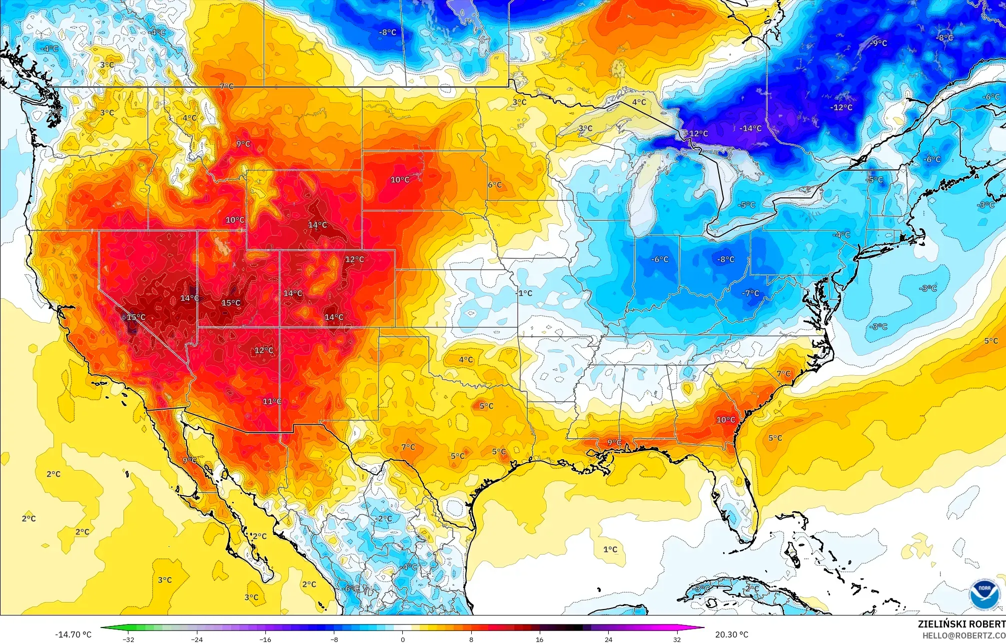 GFS model - United States, Temperature at 2m Anomaly