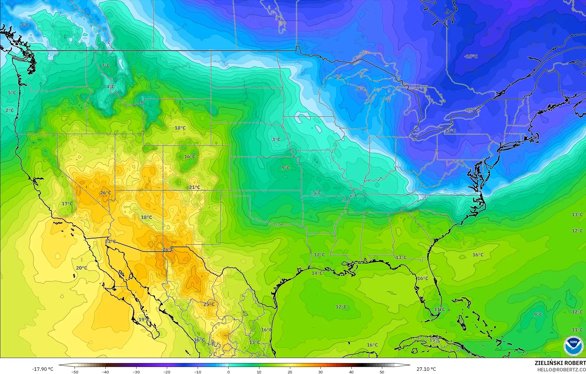 GFS model - United States, Temperature at 850hPa